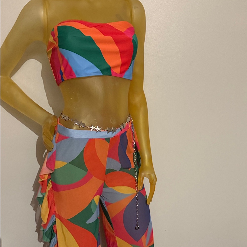 Colorful Strapless Top and Wide-Leg Pants Set - Picture 1 of 3